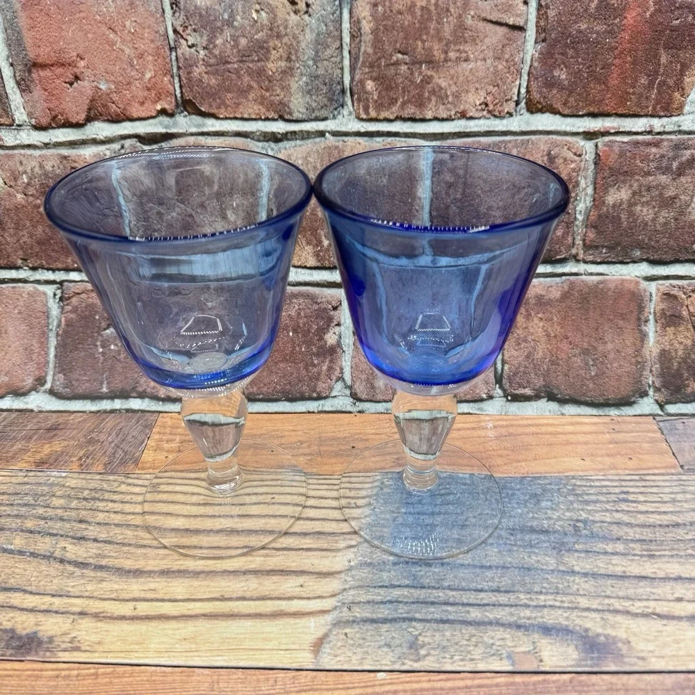 2 Cobalt Blue Goblets Bell Shaped Hand Blown Glasses Clear Ball Stem Vintage MCM